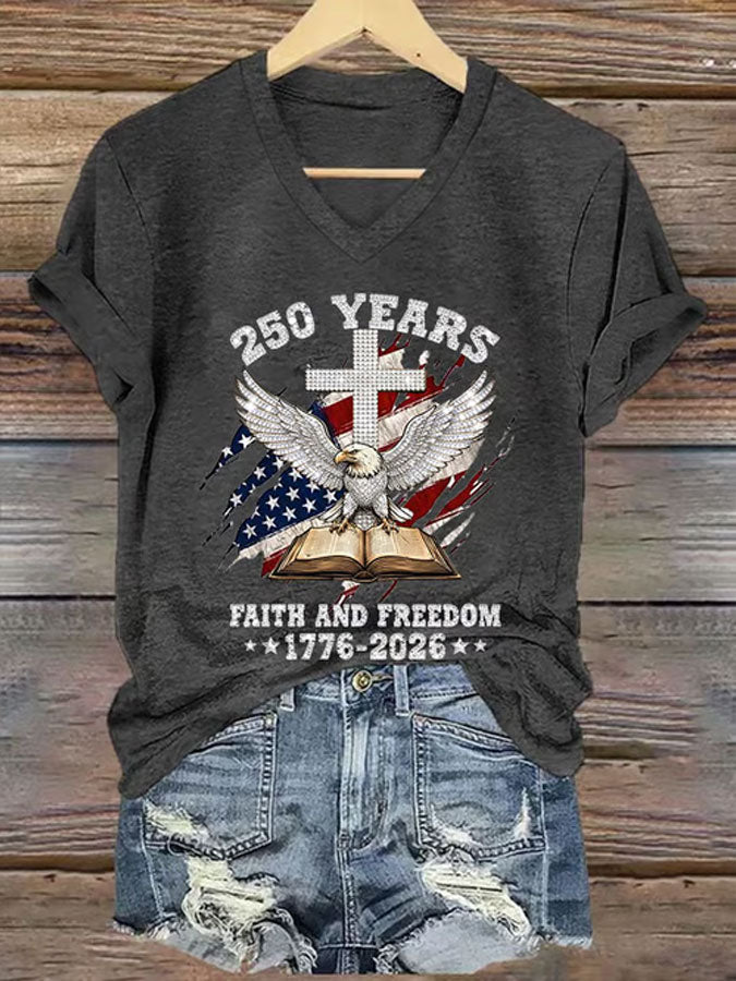 Women'S America Flag Floral Print Casual V-Neck T-Shirt