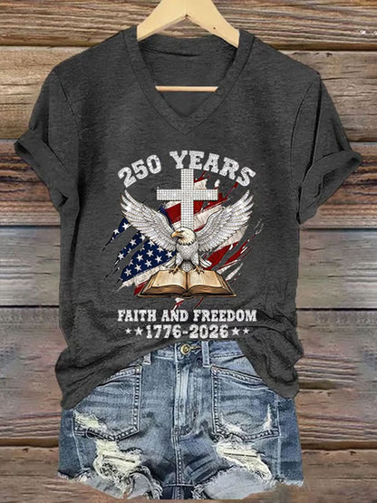 Women'S America Flag Floral Print Casual V-Neck T-Shirt