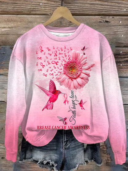 Breast Cancer Awareness Faith Hope Love Hummingbird Print Sweatshirt