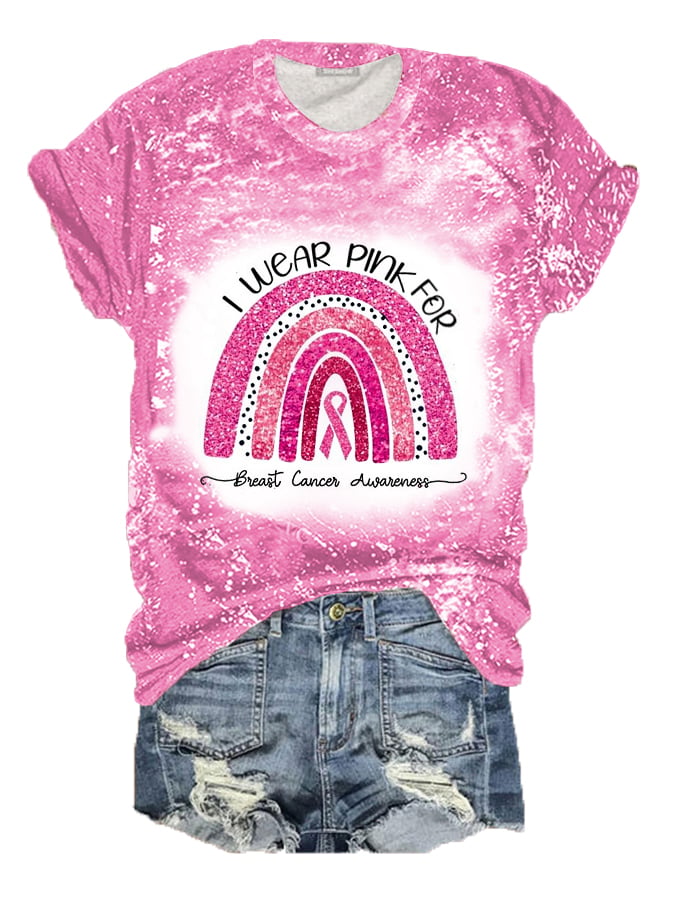 Women's  I Wear Pink For Breast Cancer Awareness Bleach Print Tee
