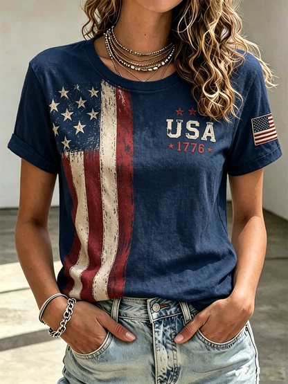Ladies' Casual American 250Th Anniversary Commemorative Round Neck Short Sleeved T-Shirt