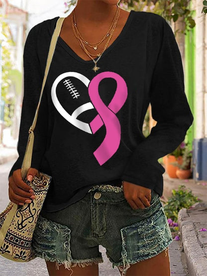Women's Football Pink Ribbon Breast Cancer Awareness Casual Long-Sleeve T-Shirt