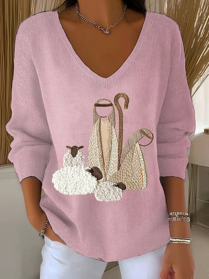 Women's Nativity Print V Neck Sweater