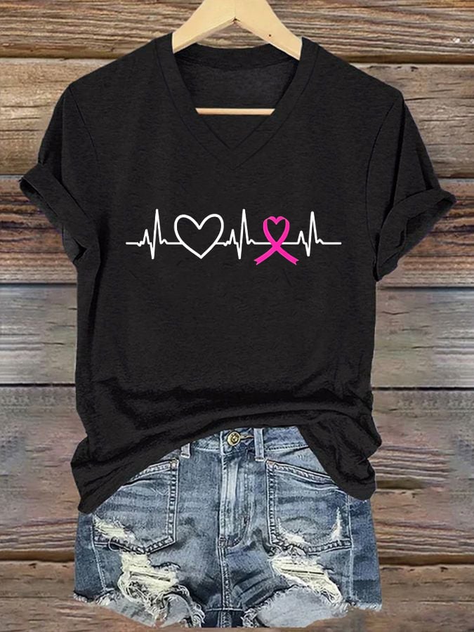 Women's Breast Cancer Heart ECG V-Neck Print T-Shirt Top