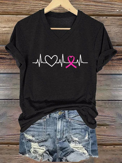 Women's Breast Cancer Heart ECG V-Neck Print T-Shirt Top