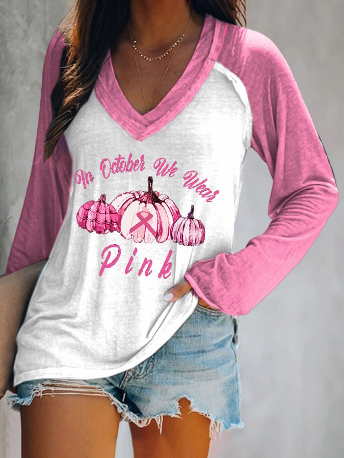 In October We Wear pink Print V-Neck Casual T-Shirt