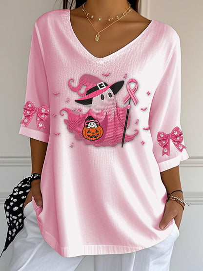 Women's Casual Pink Ghost Bubble Wrinkled Three-Quarter Sleeve Top