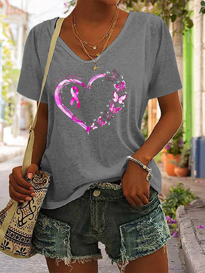 Women's Breast Cancer Awareness Survivor Printed V-Neck Tee