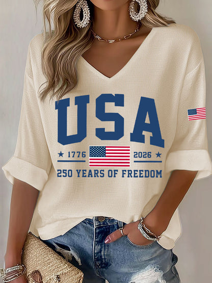 Women'S America Flag Print Waffle T-Shirt