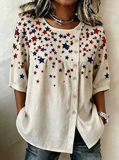 Women's Cotton Linen Floral Floral 250th Anniversary Digital Print Top