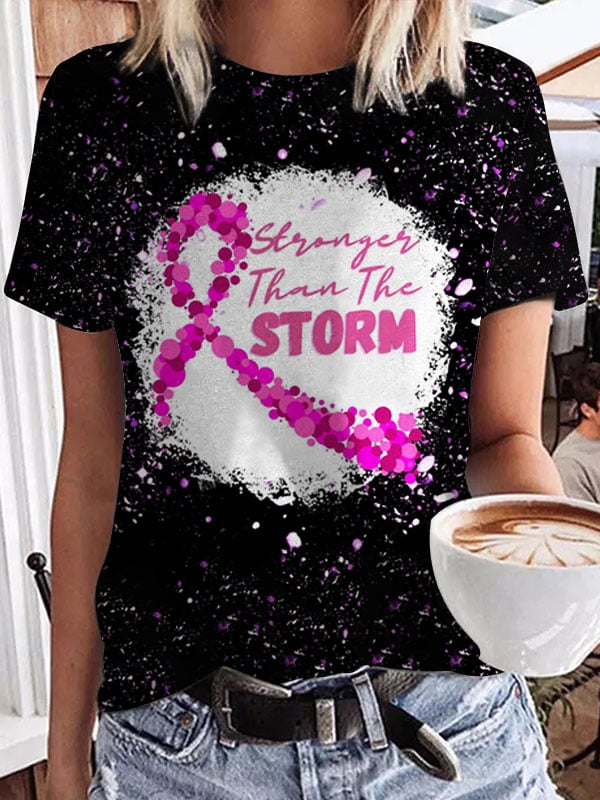 Women's Stronger Than The Storm Breast Cancer Awareness Printed T-Shirt