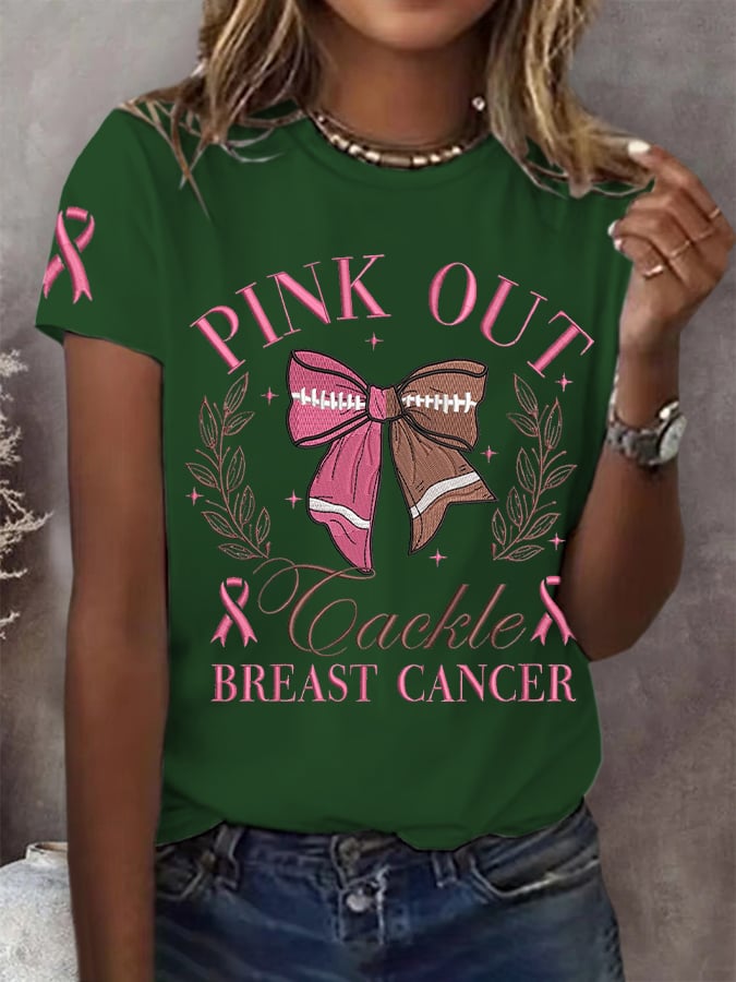 Women's Pink Out Breast Cancer Awareness Printed Short Sleeve T-Shirt