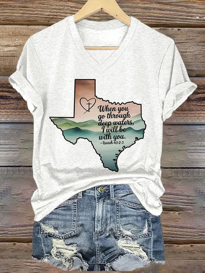 🙏💔Join us in praying for Texas.🙏V-Neck Retro Texas Strong When You Go Through Deep Waters, I Will Be With You. Isaiah 43:2 Print T-Shirt