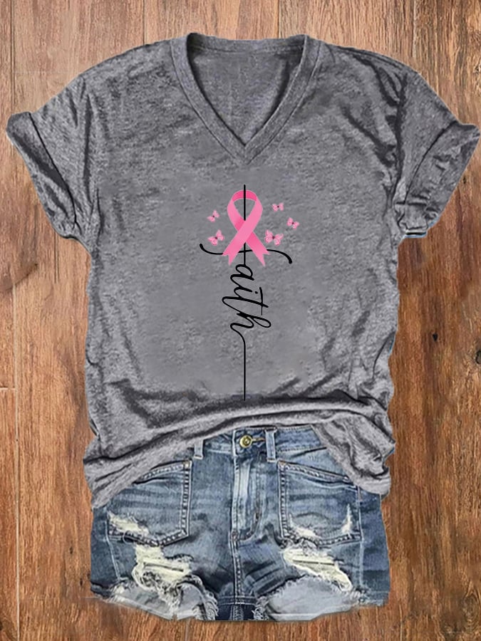 Women's Faith Hope Fight Love Butterfly Breast Cancer Awareness T-Shirt