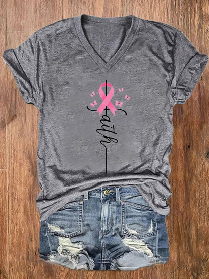 Women's Faith Hope Fight Love Butterfly Breast Cancer Awareness T-Shirt
