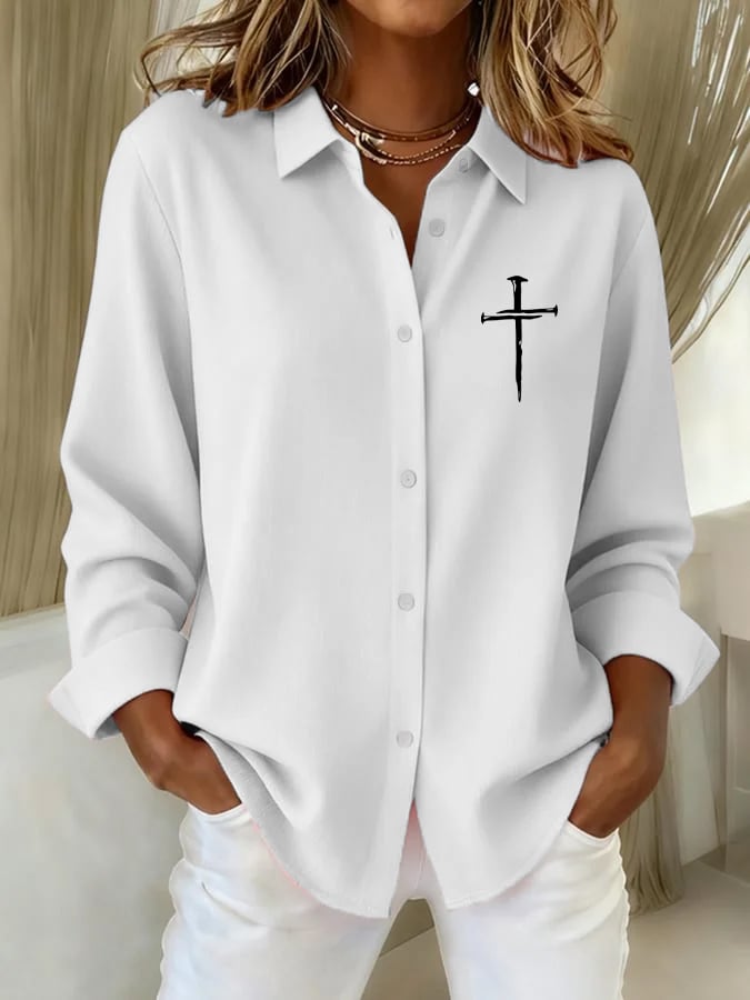 Women's Vintage Faith Cross Print Casual Shirt