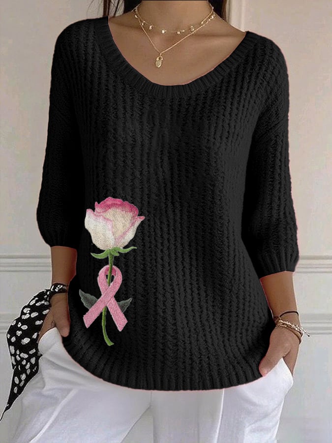 Women's Casual Retro Pink Rose Sweater