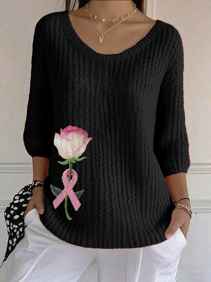 Women's Casual Retro Pink Rose Sweater