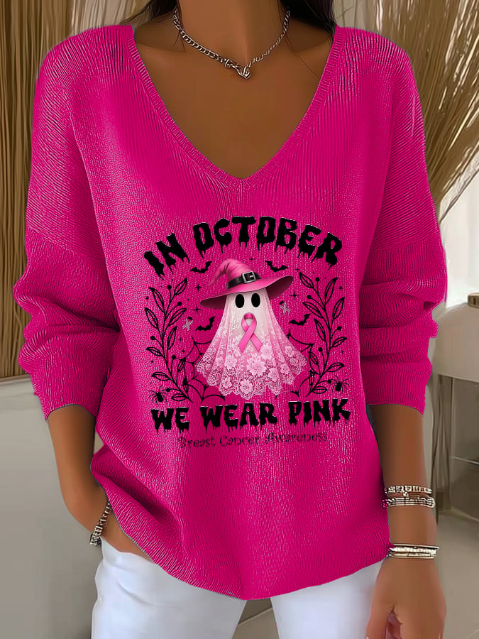 Women's Casual Breast Cancer We Wear October Pink Ghost Pit Stripe Long Sleeve Top