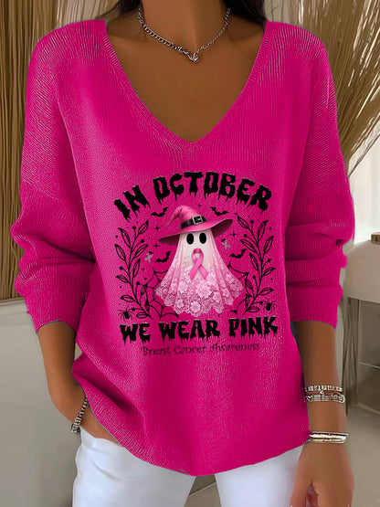 Women's Casual Breast Cancer We Wear October Pink Ghost Pit Stripe Long Sleeve Top
