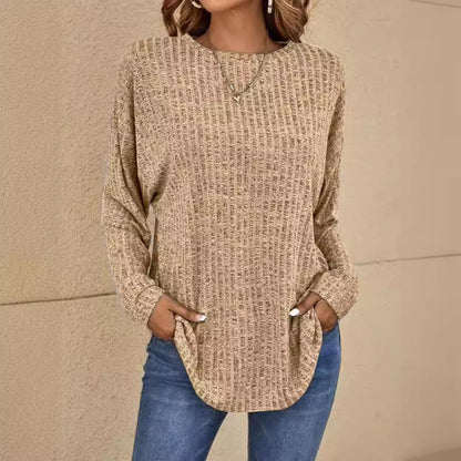 Women's sweater ribbed knit elegant round neck solid long sleeves