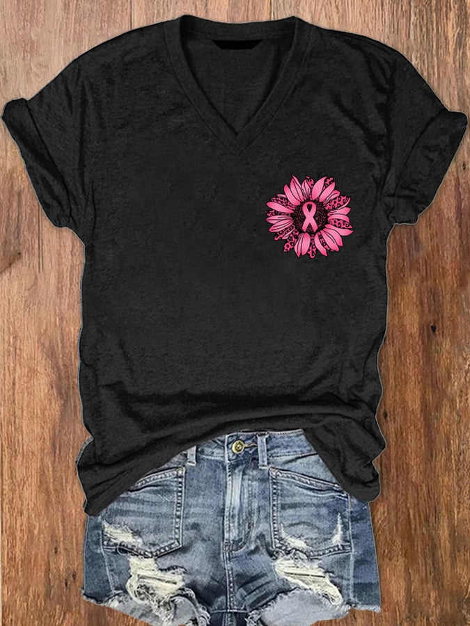 Women's Sunflower Pink Ribbon Flag Breast Cancer Awareness Print V-Neck T-Shirt