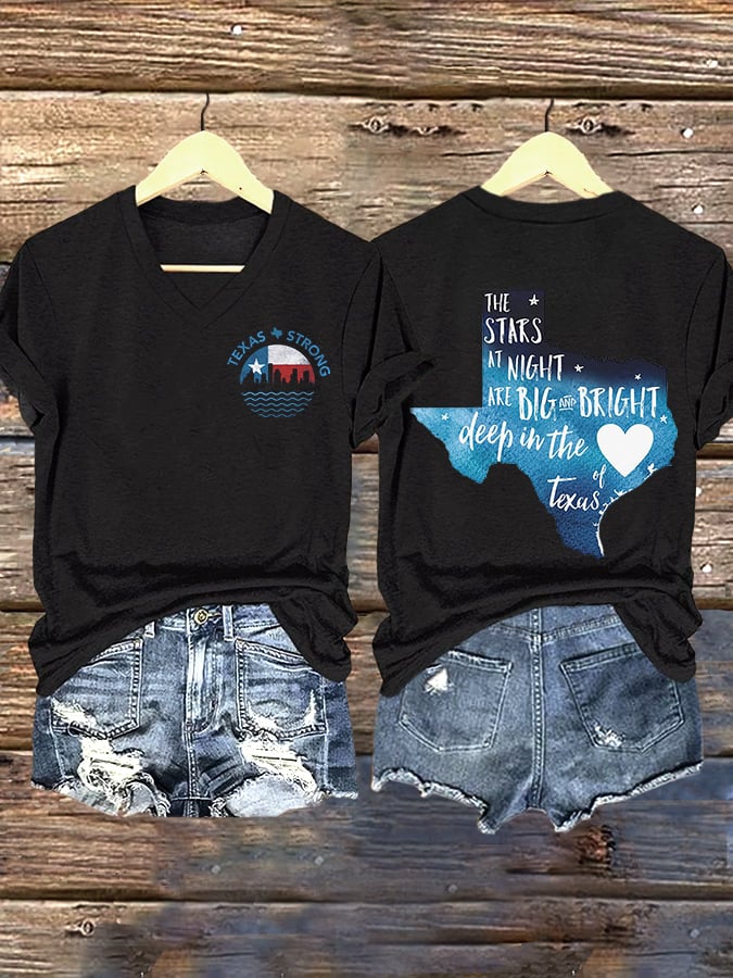 🙏💔Join us in praying for Texas.🙏V-Neck Retro Texas Strong The Stars At Night Are Big And Bright Deep In The Heart Of Texas Print T-Shirt