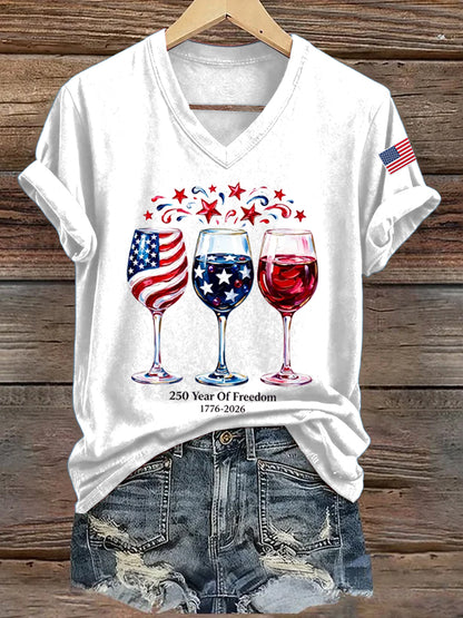 Women'S America Flag Floral Print Casual V-Neck T-Shirt