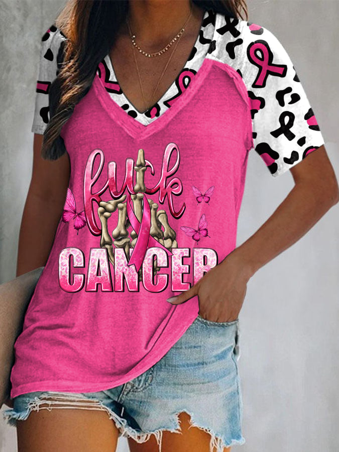 Breast Cancer Awareness Leopard Butterflies Print V-neck T-shirt