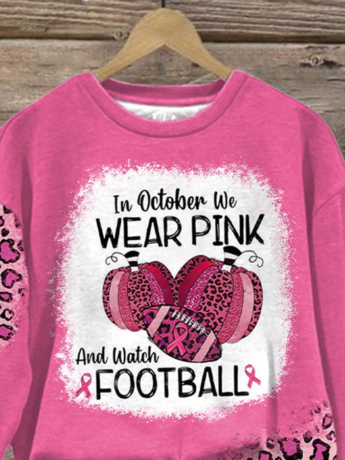 Retro Breast Cancer Awareness In October We Wear Pink And Watch Football Leopard Print Sweatshirt