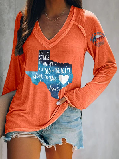🙏💔Join us in praying for Texas.🙏V-neck Retro Texas Strong The Stars At Night Are Big And Bright Deep In The Heart Of Texas Print T-Shirt