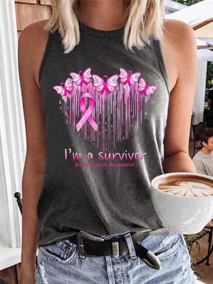 Women's I'M A Survivor Breast Cancer Awareness Print Casual Tank Top