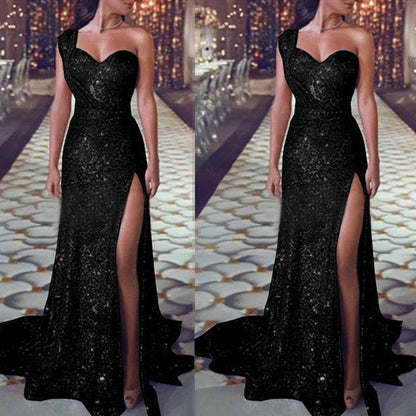 Dress Prom sparkling sequin, one shoulder, sexy high side slit Mermaid