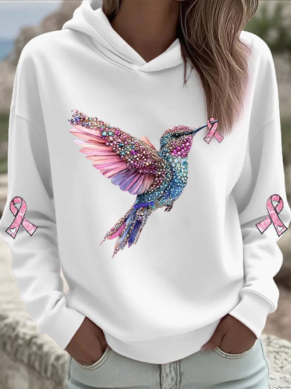 Women's Breast Cancer Hummingbird Print Hooded Sweatshirt