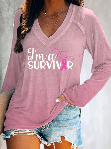 Women's Breast Cancer Ribbon Survivor V-Neck Long Sleeve T-shirt