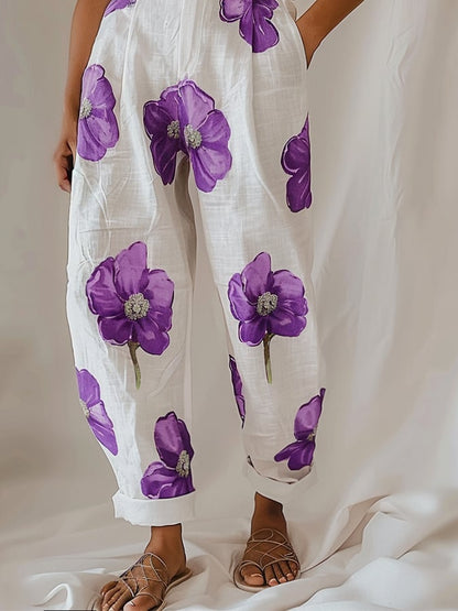 Women's Purple Flower Alzheimer's Awareness Print Casual Pants