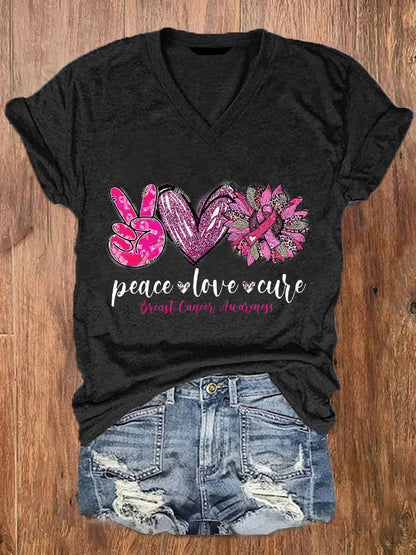 Women's Peace Love Cure Pink Sunflower Breast Cancer  V-Neck Tee
