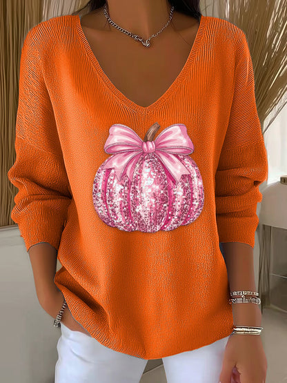 Women's casual pink sequined pumpkin striped long-sleeved top