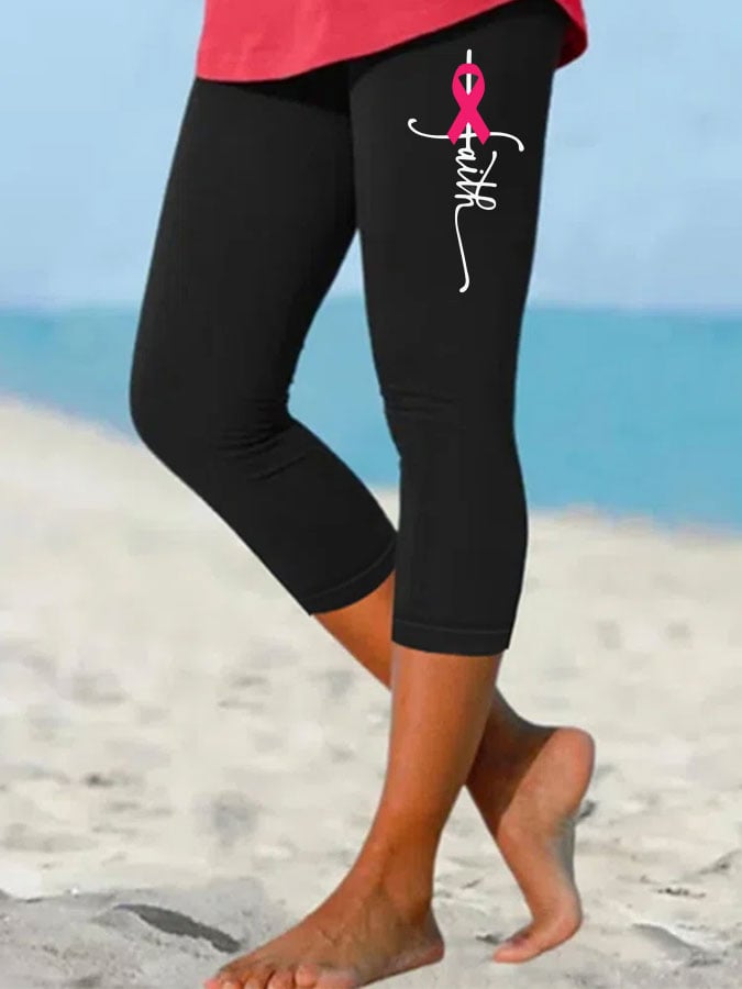 Women's Breast Cancer Pink Ribbon Faith Cross Print Leggings
