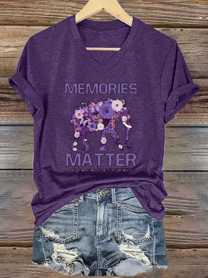 Women's Alzheimer's Awareness Print V Neck T-Shirt Top