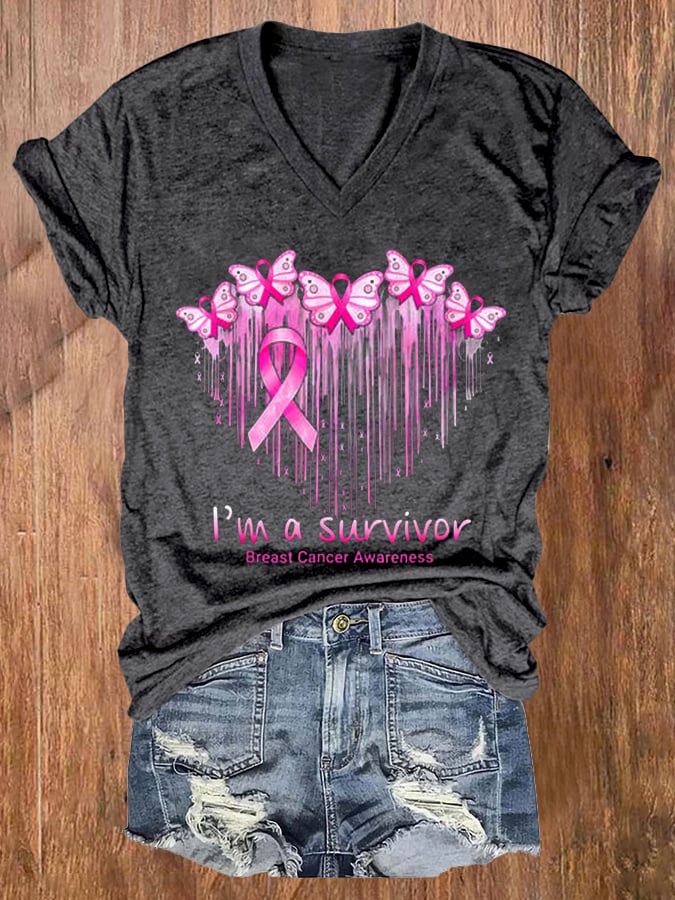 Women's I'M A Survivor Breast Cancer Awareness Print Casual T-Shirt