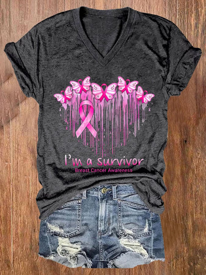 Women's I'M A Survivor Breast Cancer Awareness Print Casual T-Shirt