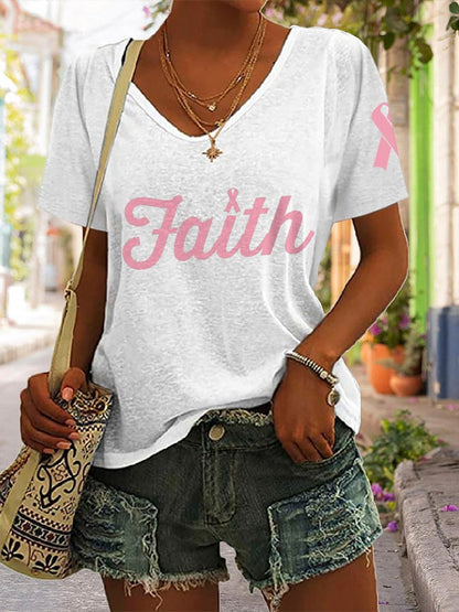 V-neck Breast Cancer Awareness Faith Print T-Shirt