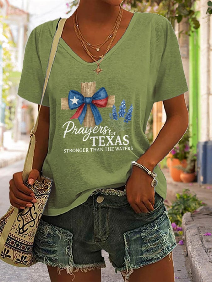 🙏💔Join us in praying for Texas.🙏V-Neck Retro Texas Strong Prayers For Texas Stronger Than The Waters Faith Cross Print T-Shirt