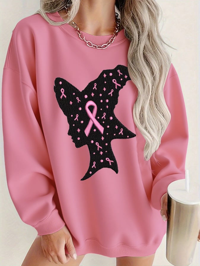 Women's Autumn/Winter Pink Ribbon Breast Cancer Awareness Halloween Crew Neck Sweatshirt