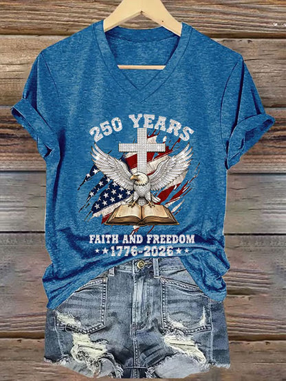 Women'S America Flag Floral Print Casual V-Neck T-Shirt
