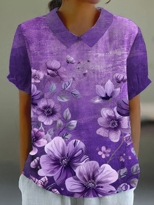 Women's Vintage Purple Floral Print Casual Lapel T-Shirt