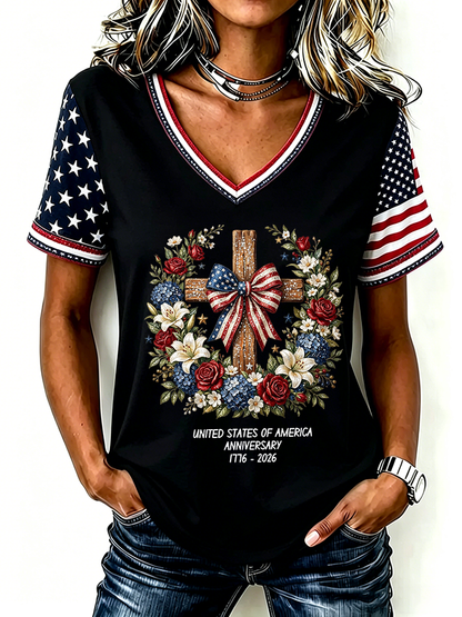 Women'S One Nation Under God Print Casual V-Neck T-Shirt
