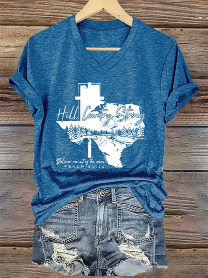 🙏💔Join us in praying for Texas.🙏V-Neck Retro Texas Strong Hill Country Strong Deliver Me Out Of The Mire Psalm 69:14 Print T-Shirt