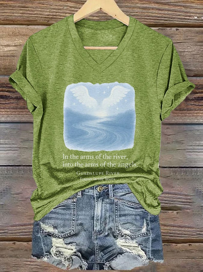 🙏💔Join us in praying for Texas.🙏V-Neck Retro Texas Strong In The Arms Of The River, Into The Arms Of The Angels. Guadalupe River Forever In Our Hearts Print T-Shirt